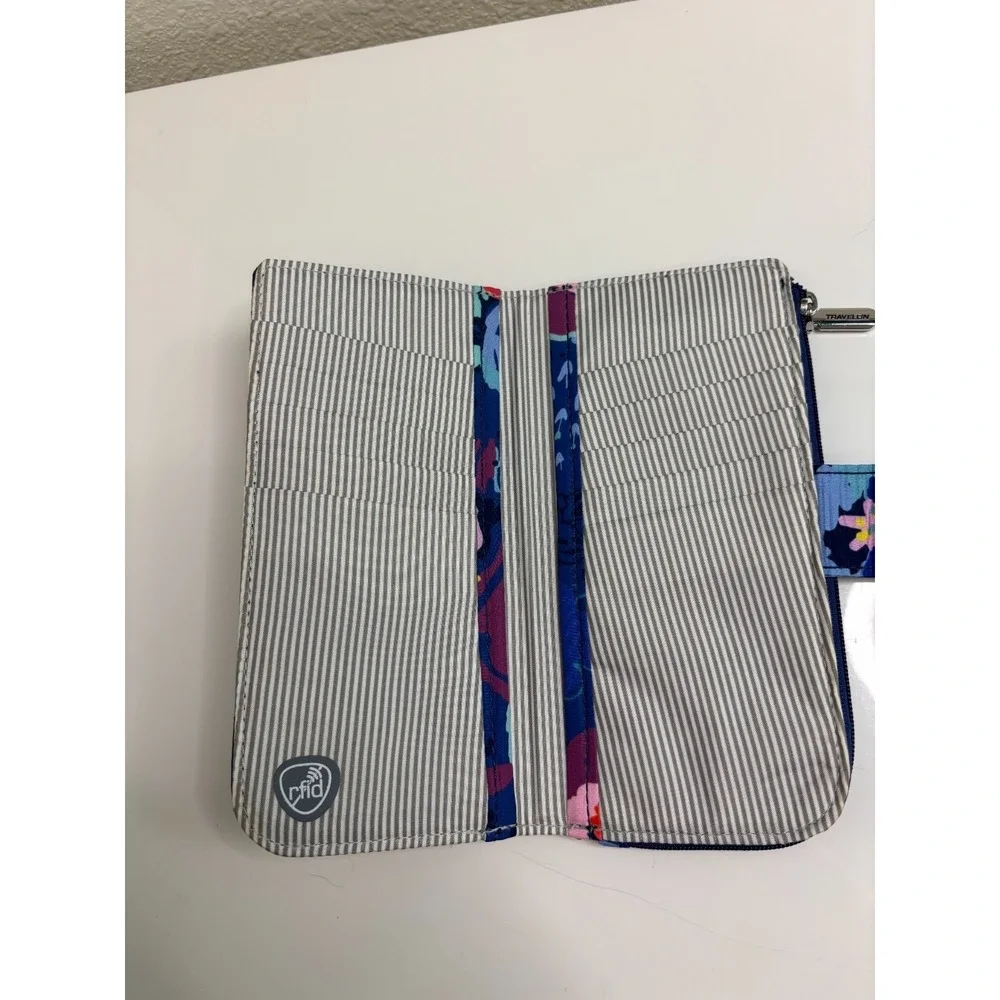 NWOT Travelon RFID Single Zip Wallet Floral Striped Navy Blue Pink Red Thin READ
